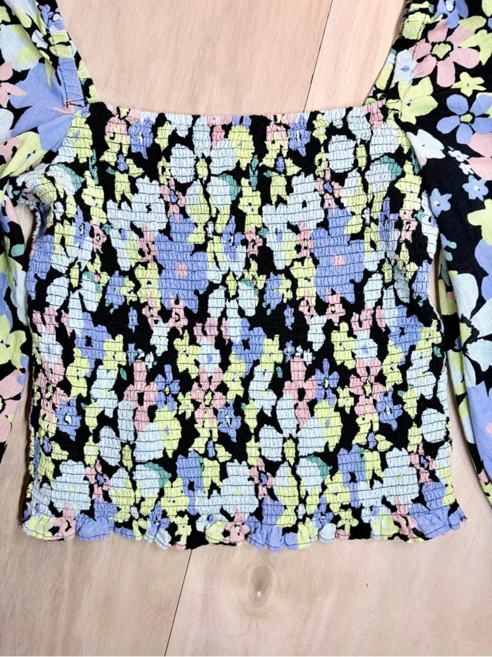 Free People Ariana Smocked Top Pastel Floral Puff Balloon Sleeve Large